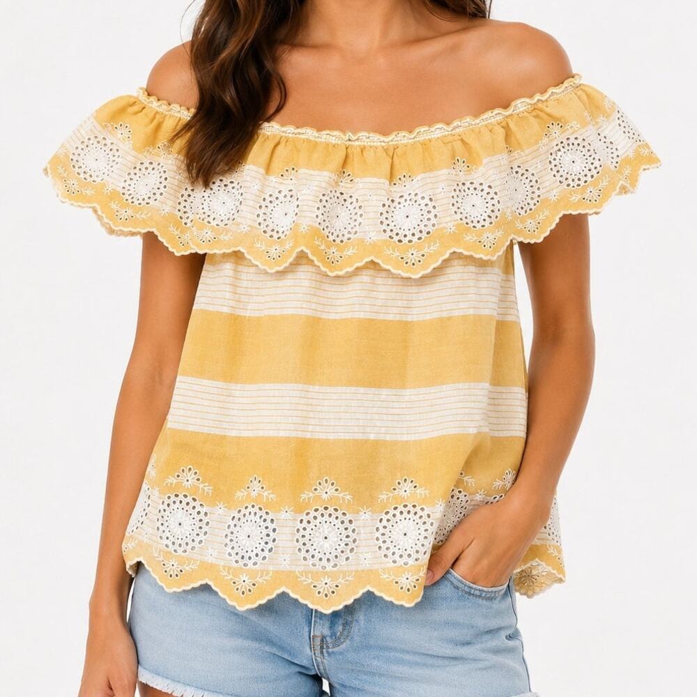 American Eagle Outfitters Orange Striped Eyelet Blouse